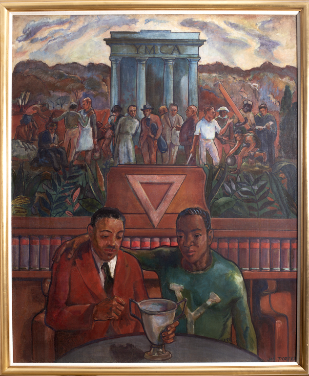 Painting showing two men sitting at a table