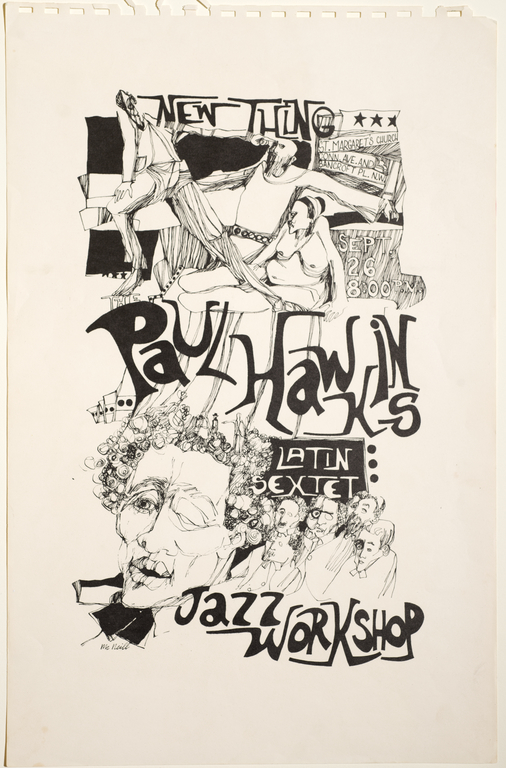 A poster for The New Thing Jazz Workshop features a black and white drawing promoting the Paul Hawkins Latin Jazz Sextet