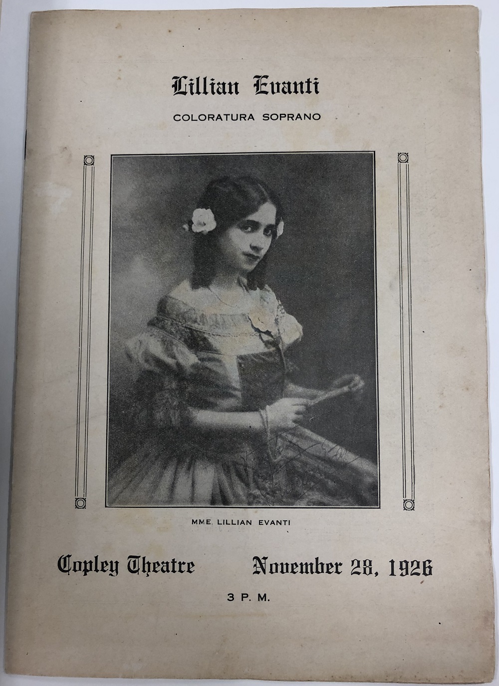 Theatre program features photo of Lillian Evanti holding a fan