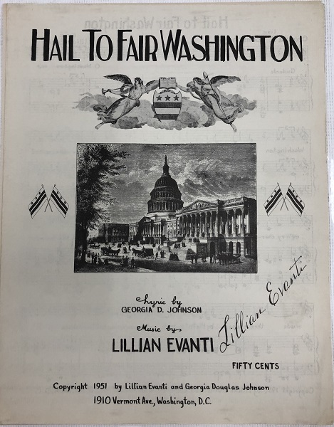 Hail to Fair Washington sheet music depicts the US Capitol and Washington, DC flags