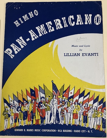 Sheet music for Lillian Evanti's "Himno Pan-Americano"shows flags and people of many nations