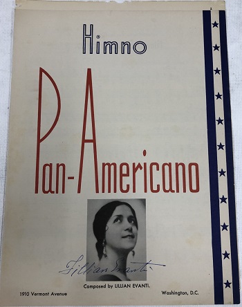 Sheet music for "Himno Pan-Americano" features composter Lillian Evanti's portrait