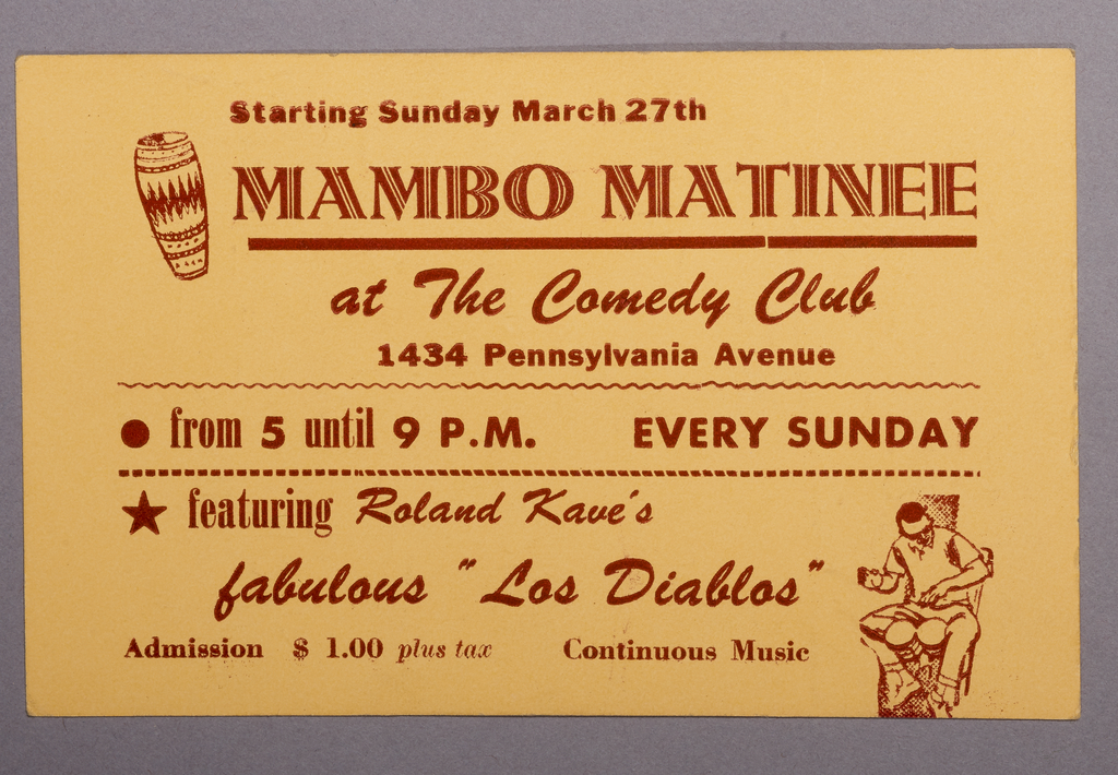 Card advertising Mambo Matinee at The Comedy Club