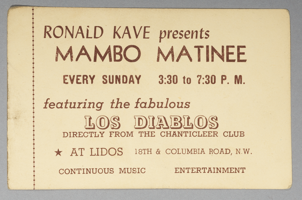Card advertising Mambo Matinee at Lidos