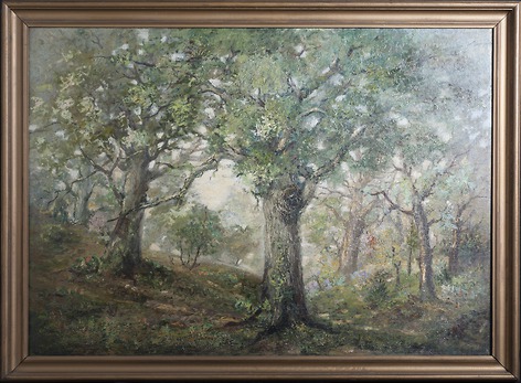 Oil painting depicting a deciduous forest landscape with a central knotty tree and soft light.