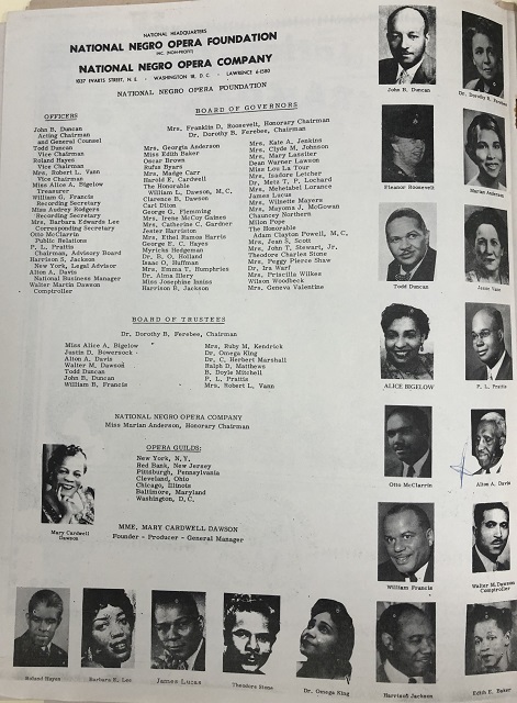 Program listing leadership and supporters of National Negro Opera Foundation and National Negro Opera Company Evans-Tibbs Collection, Anacostia Community Museum Archives, Smithsonian Institution.