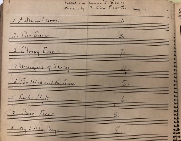 List of Naturama songs on music composition paper with lyrics by Annie Brooks Evans and music by Lillian Evanti