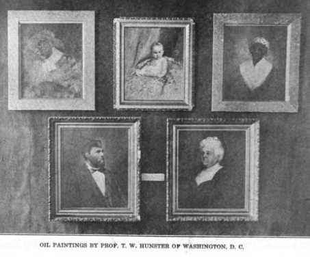 Five framed portraits hang on a wall with text below reading "Oil paintings by Prof. T.W. Hunster of Washington, D.C."