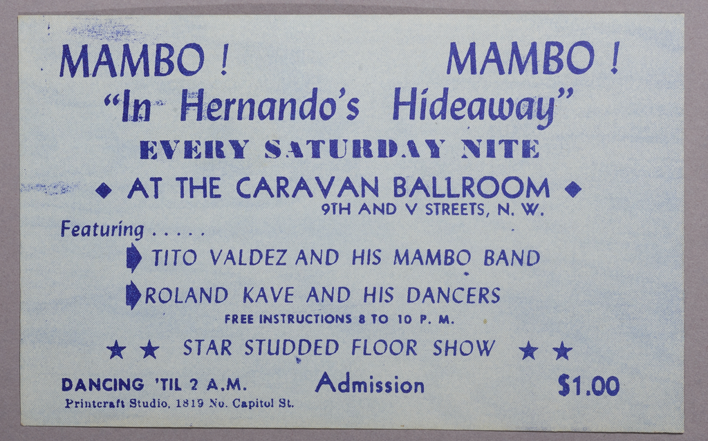 Card advertising mambo at the Caravan Ballroom
