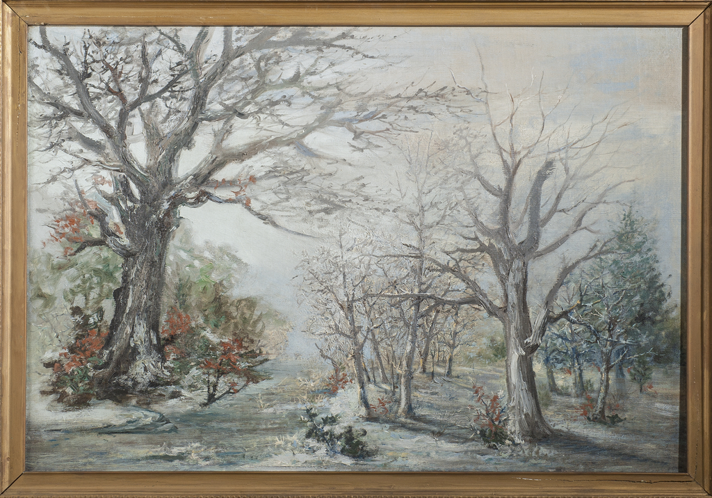 Painting depicts a snowy woodland scene with bare deciduous trees and evergreens.