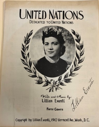 The United Nations's laurel wreath encircles Lillian Evanti's portrait on sheet music written by Evanti for the United Nations.