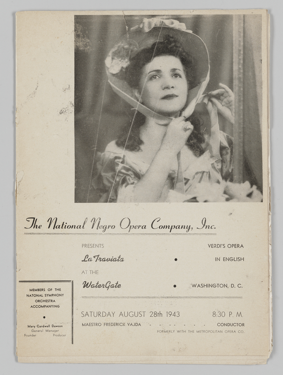 Program for National Negro Opera Company's production of La Traviata at the Watergate, featuing a photo of Lillian Evanti as Violetta