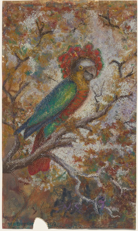 Colorful painting of a parrot on a perch