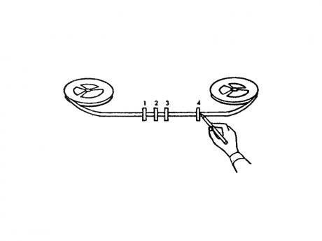 Icon of a reel to reel tape with splice marks