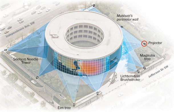 Architectural drawing for installation projection of "SONG 1" on exterior of Hirshhorn Museum