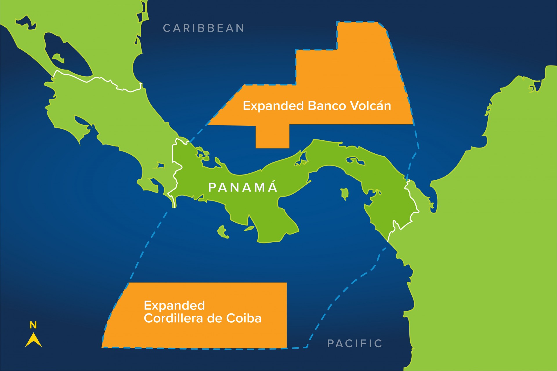 A map that shows expanded marine protected areas off of Panama coast.