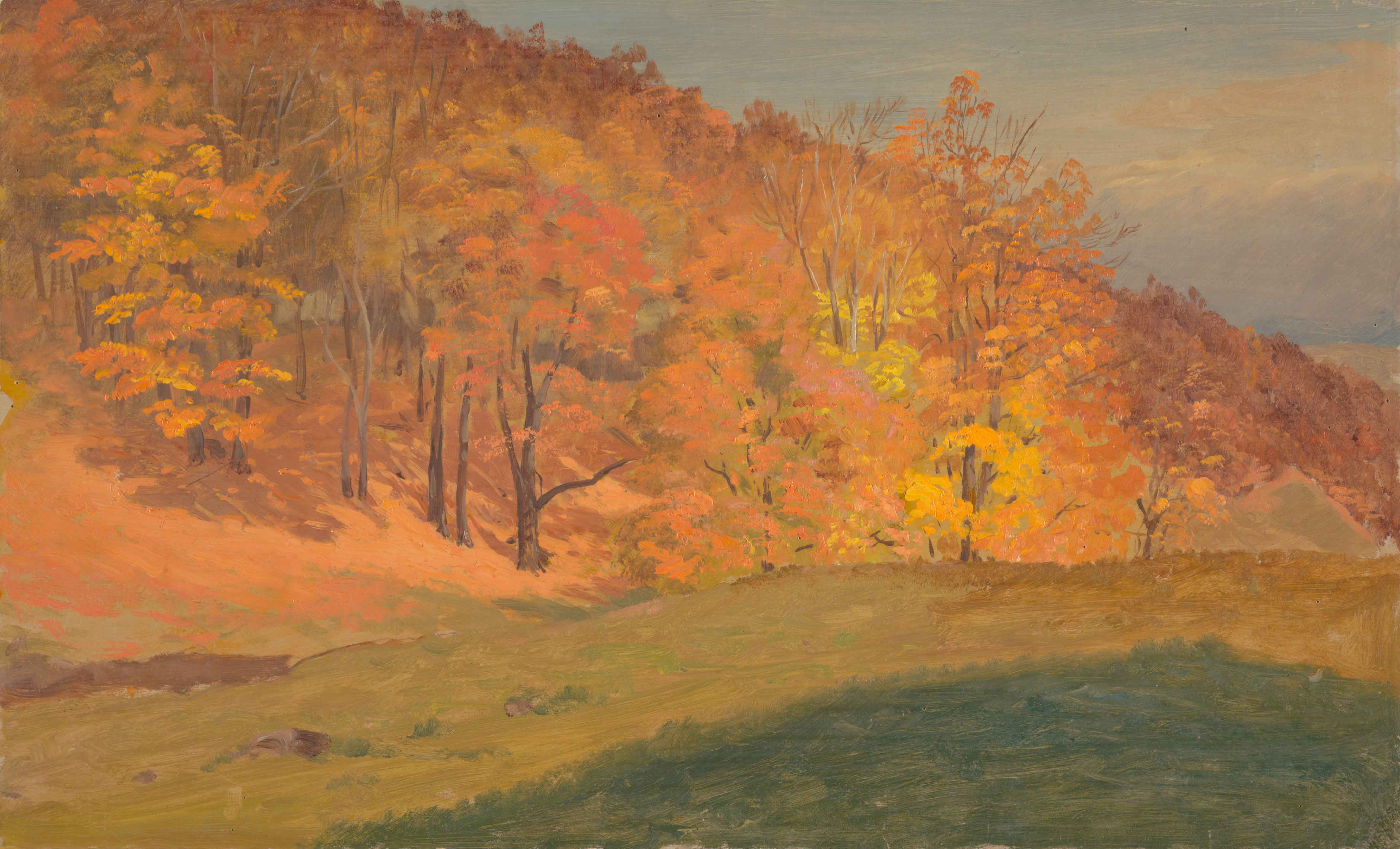 Painting of a line of trees with orange leaves behind a grassy slope