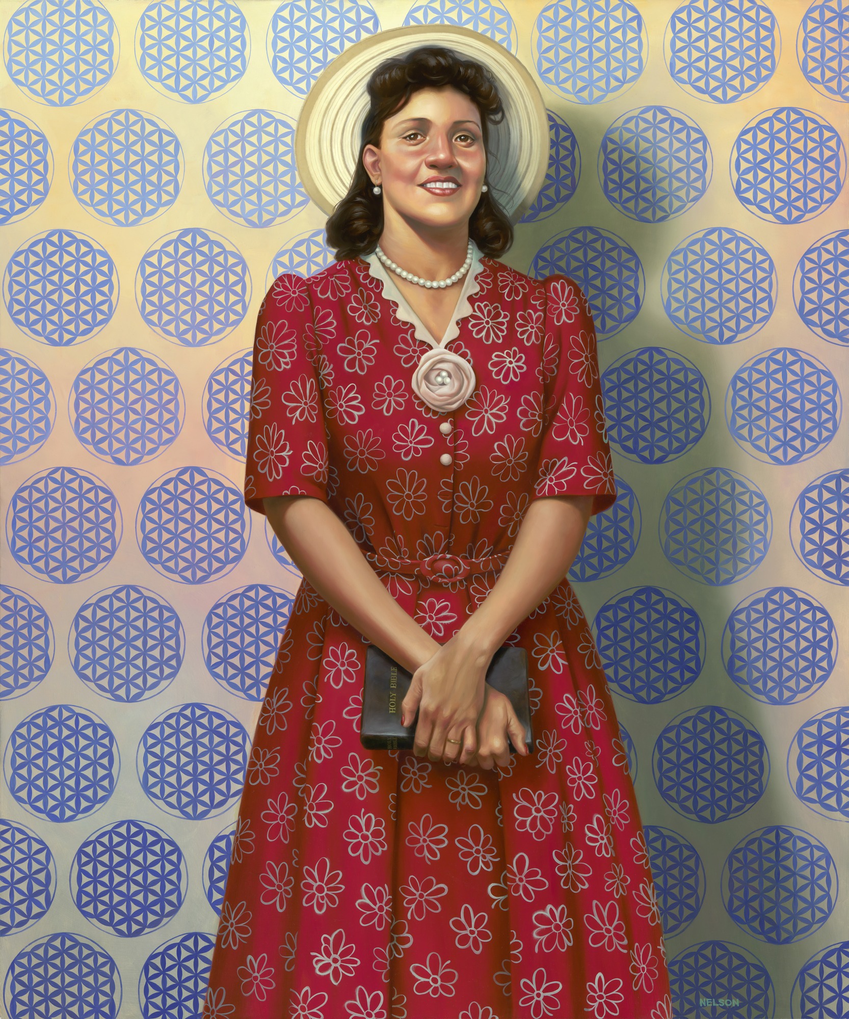 Painting of Henrietta Lacks. She is wearing a red dress, a yellow hat, and holding a bible.