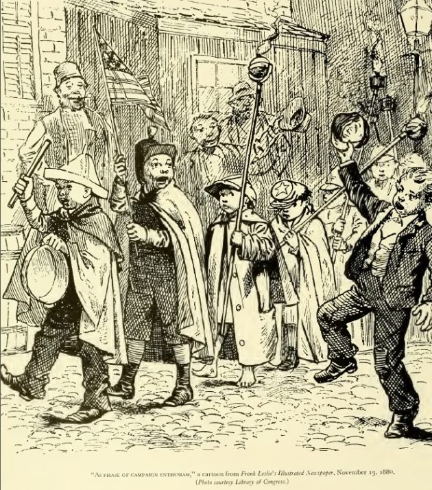 Click to view larger image Adults encourage some very partisan children to don uniforms