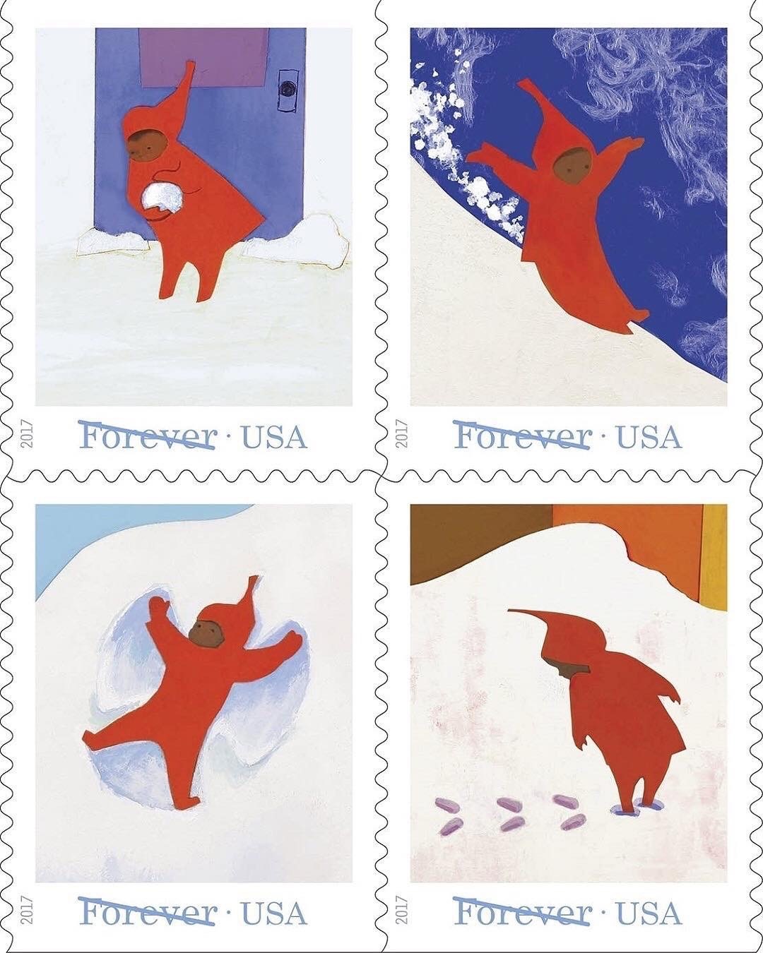 Four stamps showing scenes of a little boy in a red snow suit playing from "The Snowy Day"