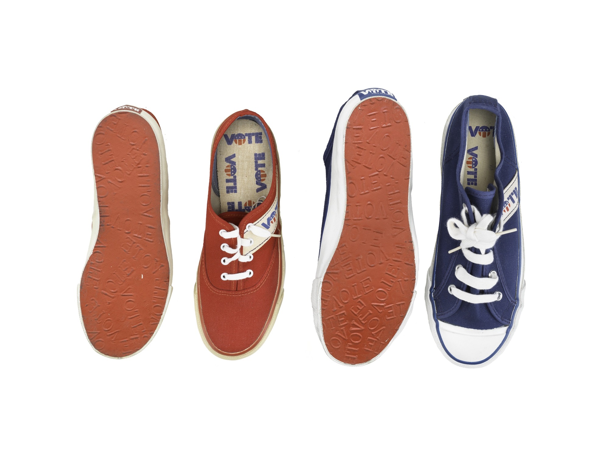 Two pairs of red and blue lace-up sneakers. Their insoles have text: vote.