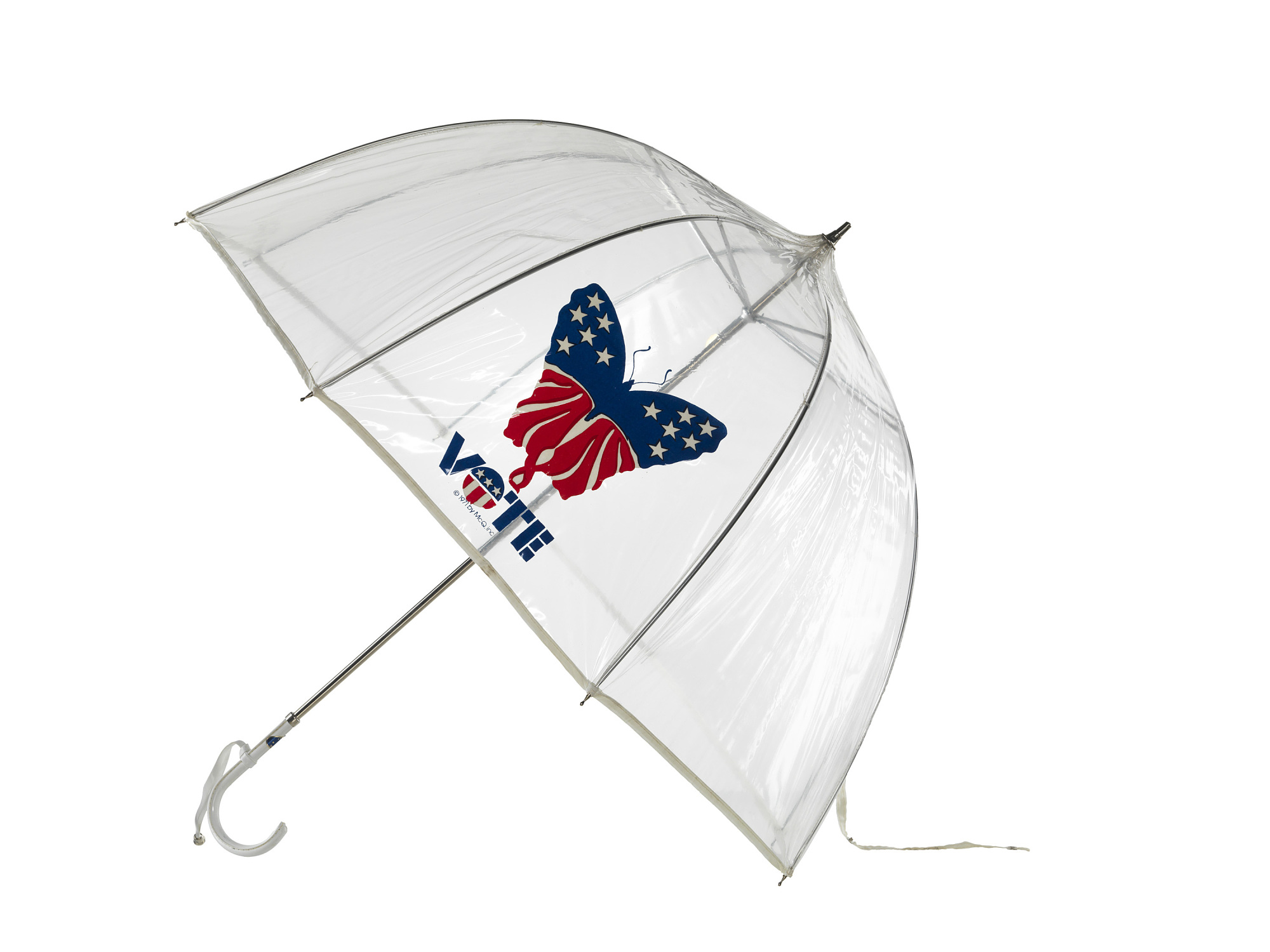 Clear umbrella with a red and blue butterfly and the word vote.