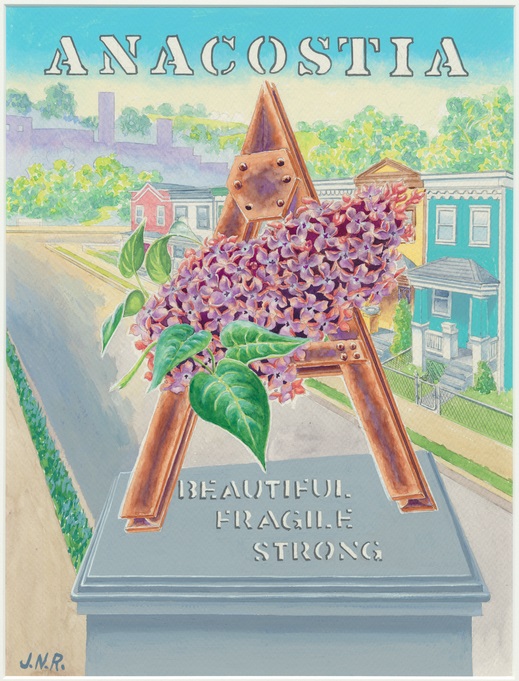 Painting of the letter "A." The "A" is designed to resemble metal beams with flowers adorning it. It is standing on a gray pedestal. Above the "A," the painting says "Anacostia" and below the "A," the painting says "Beautiful, Fragile, Strong." Behind the "A," there are images of buildings from Anacostia.