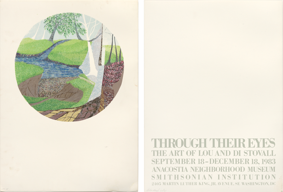 Color proofs for the top and bottom half of an exhibition poster sit side by side. At left, a circular landscape entitled "Mornings with Will." At right, gray lettering noting exhibit name, date, and location.