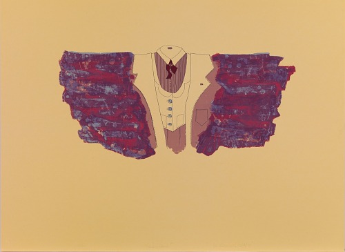 Mottled purple and mauve bird-like wings emerge from a torso wearing a three-piece suit. The suit's styling, including a ribbon rather than a tie and a vest with scalloped edges, suggest it was designed for a woman.