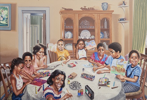 Painting depicting eight children making artwork and holding up drawings around a dining room table. There is a woman sitting with them and drawing in a sketchbook.