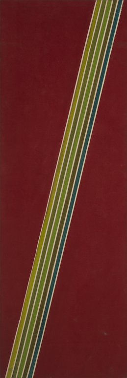 Vertical painting with red background and stripes slanted diagonally