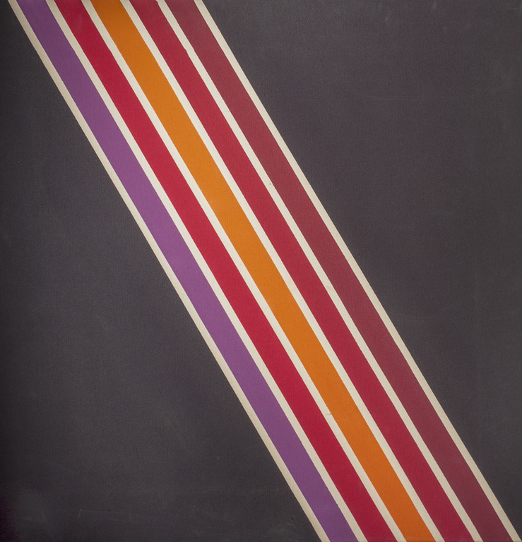 Almost square-shaped painting with diagonal stripes on a black background. The five stripes slant from upper left to lower right in hues of bright purple (far left), bright red, orange, medium red, and deeper red. All have medium-thick white borders.