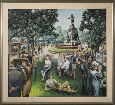 Painting of an outdoor art fair in a park with art stalls, a monument, and dozens of figures. 
