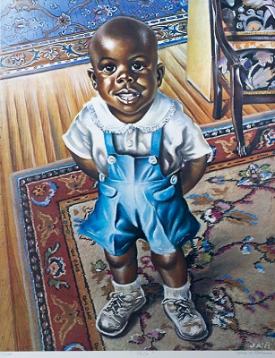Portrait of the artist's son, Pete, as a toddler. Pete stands on a floral-patterned rug, hands behind his back. He wears a white dress shirt, short blue overalls, white socks, and white lace-up shoes.