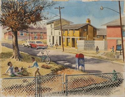  Painting of a fall day in Anacostia, a Washington, DC neighborhood. Three children play in the grass. A bike is parked in the shadow of a tree losing its leaves. A red-and-blue corner mailbox stands nearby. A series of multifamily housing line the opposite side of the street. Two cars are parked on the street near one of the housing units. Two girls in similar clothing walk behind a woman towards two children playing in front of a red housing unit.