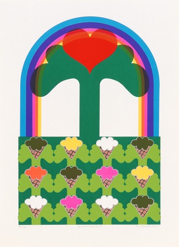 Colorful print with a heart growing out of a green stem. A pastel rainbox arches above and behind. An orchard of ice cream cone trees is below.