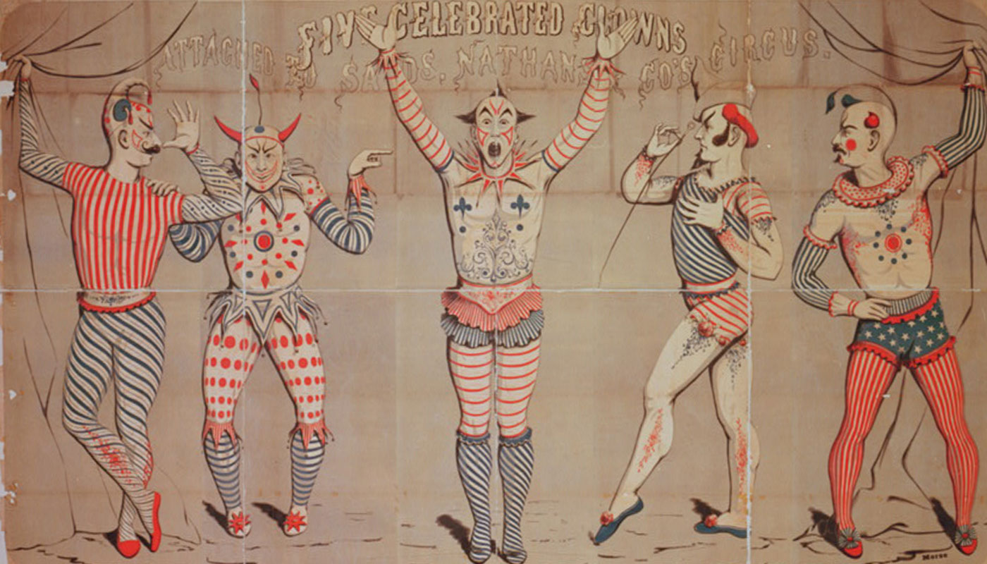 Circus poster featuring five clowns