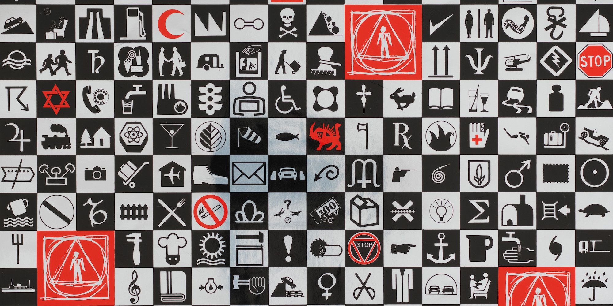Illustration of various symbols in black, white and red