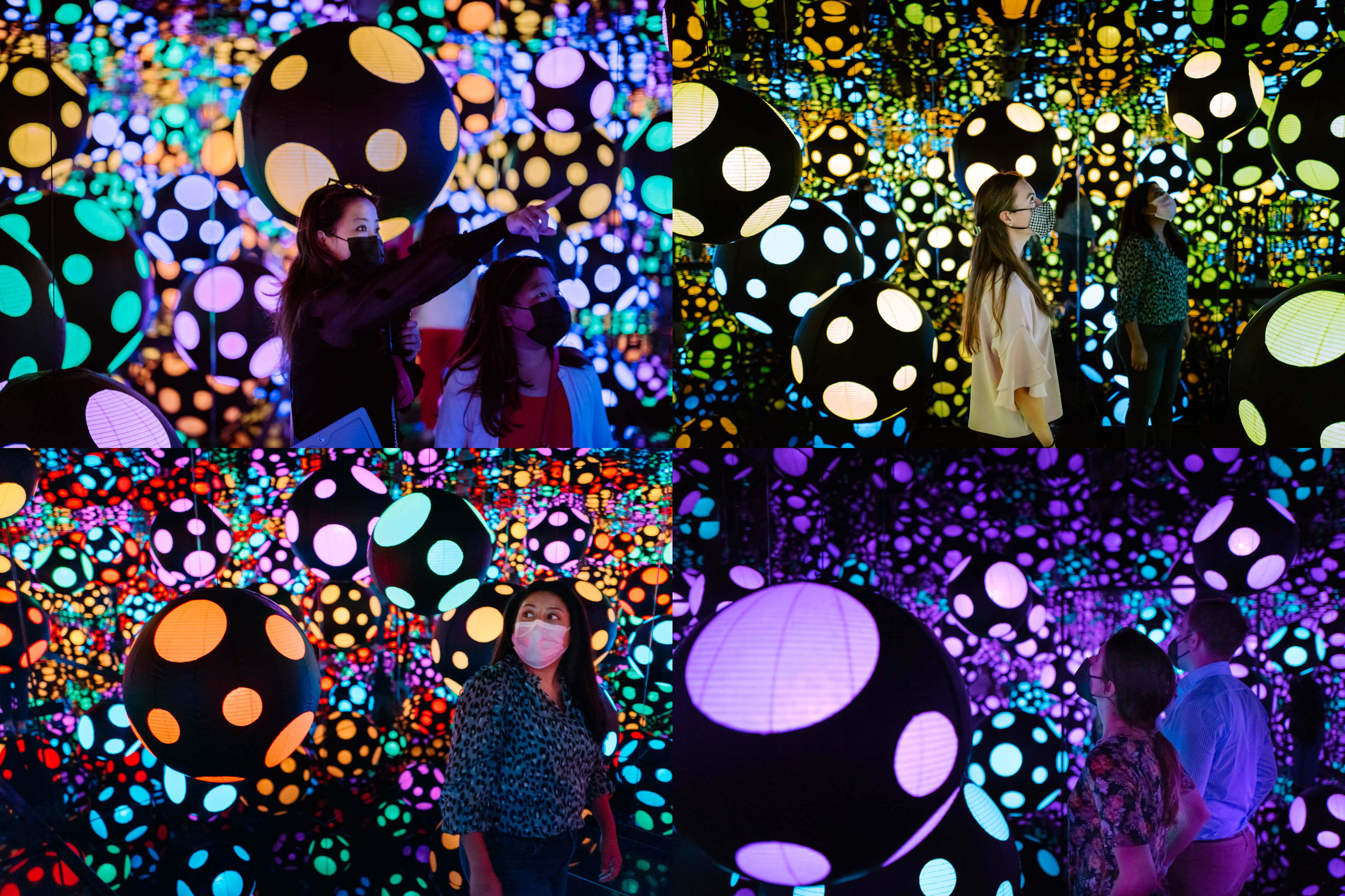 Room with mirrored walls filled with colorful polka-dotted balls