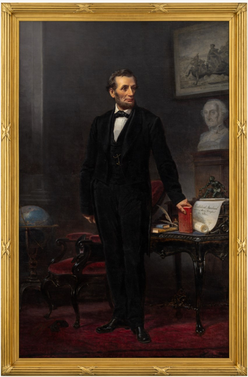 Oil painting of Abraham Lincoln standing next to a desk