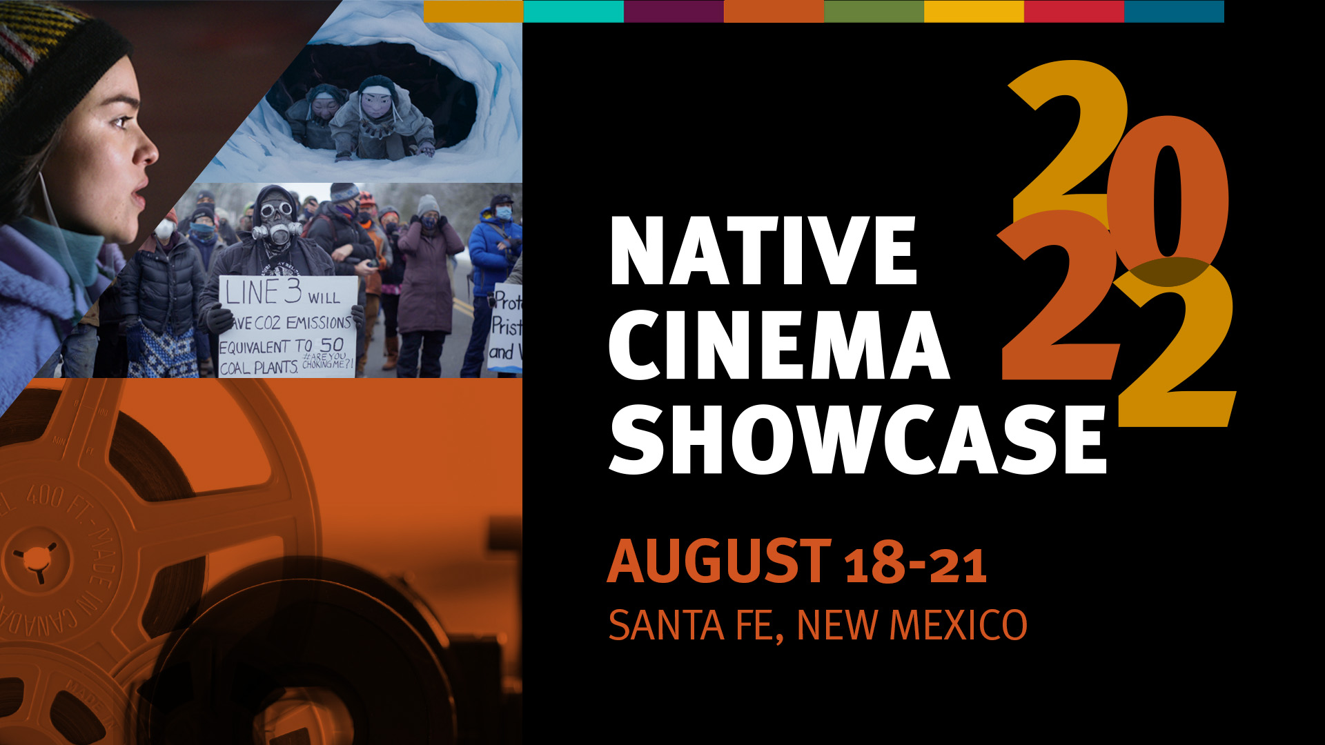 Graphic with three stills from theatrical productions and accompanying text: "2022 Native Cinema Showcase. August 18-21."