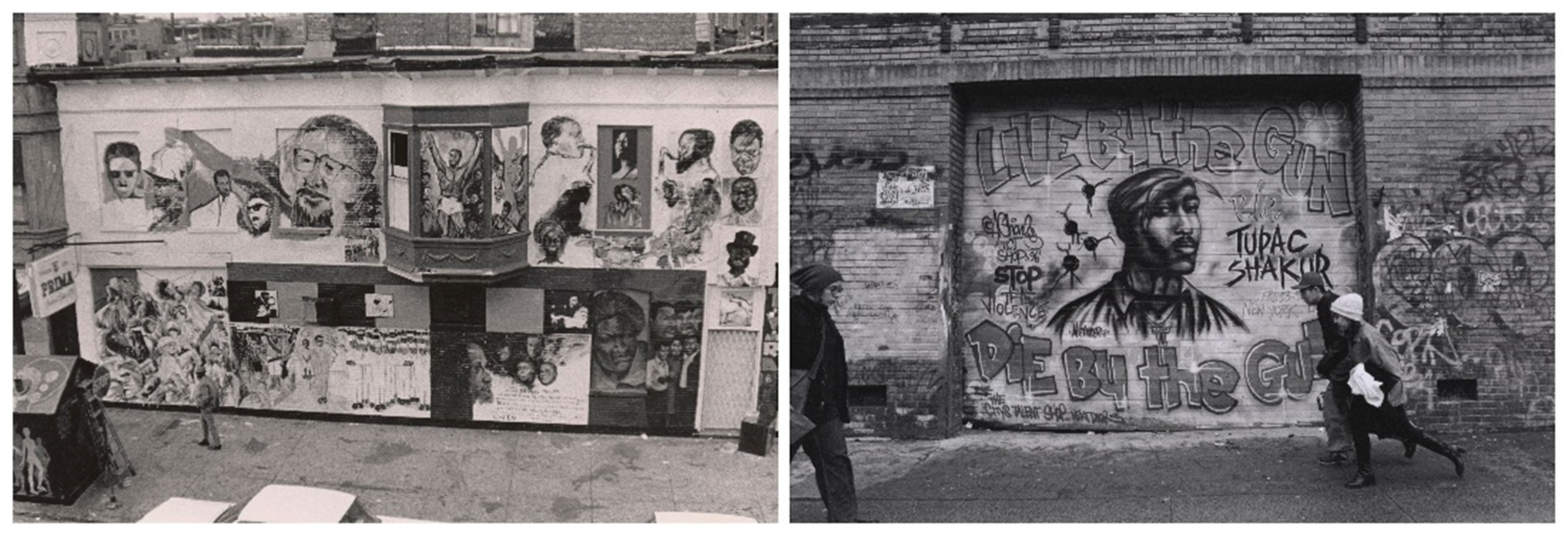 Side by side images of city blocks covered in murals