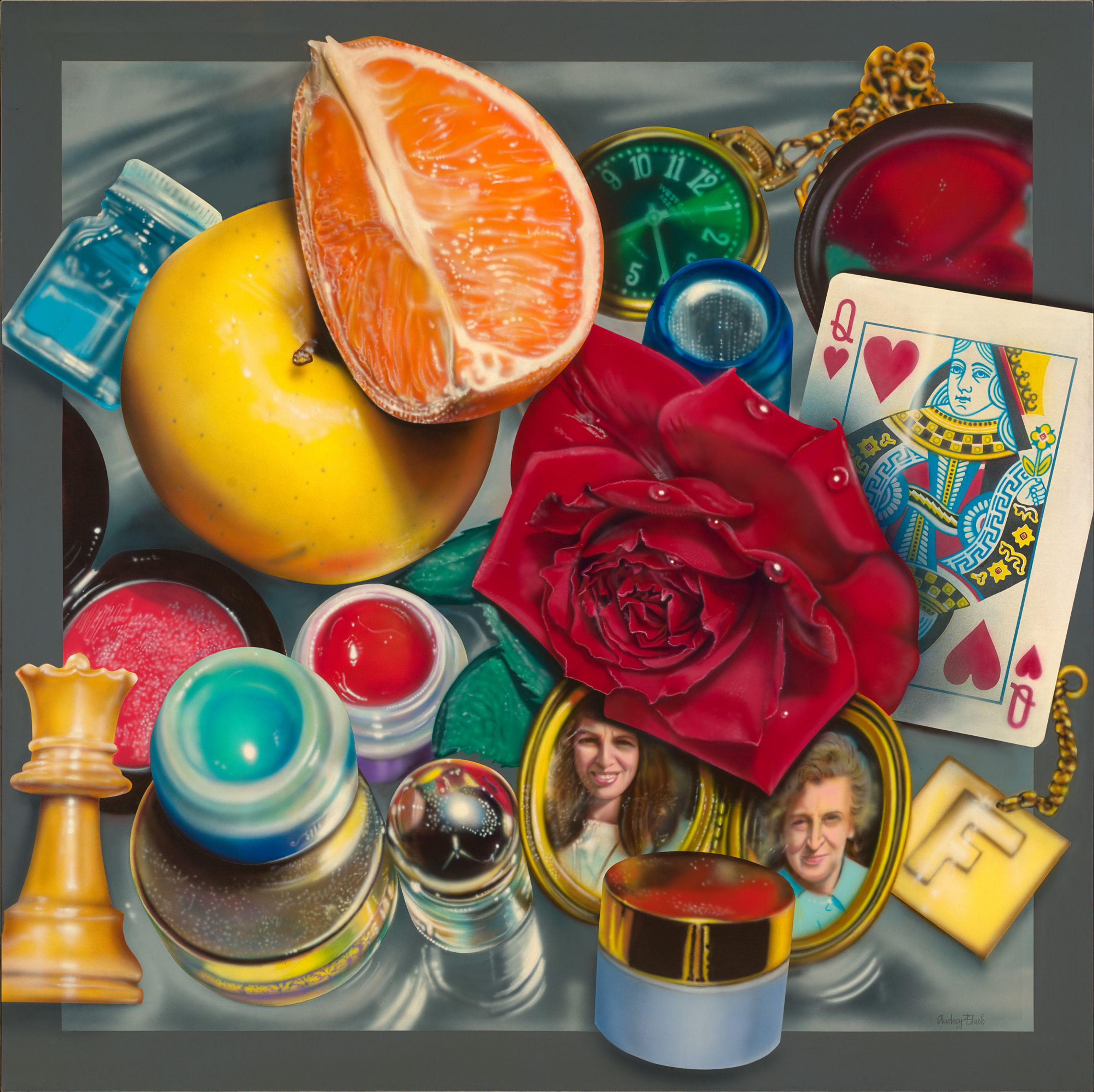 Painting "Queen" featuring flowers, fruit, cosmetics, various small objects