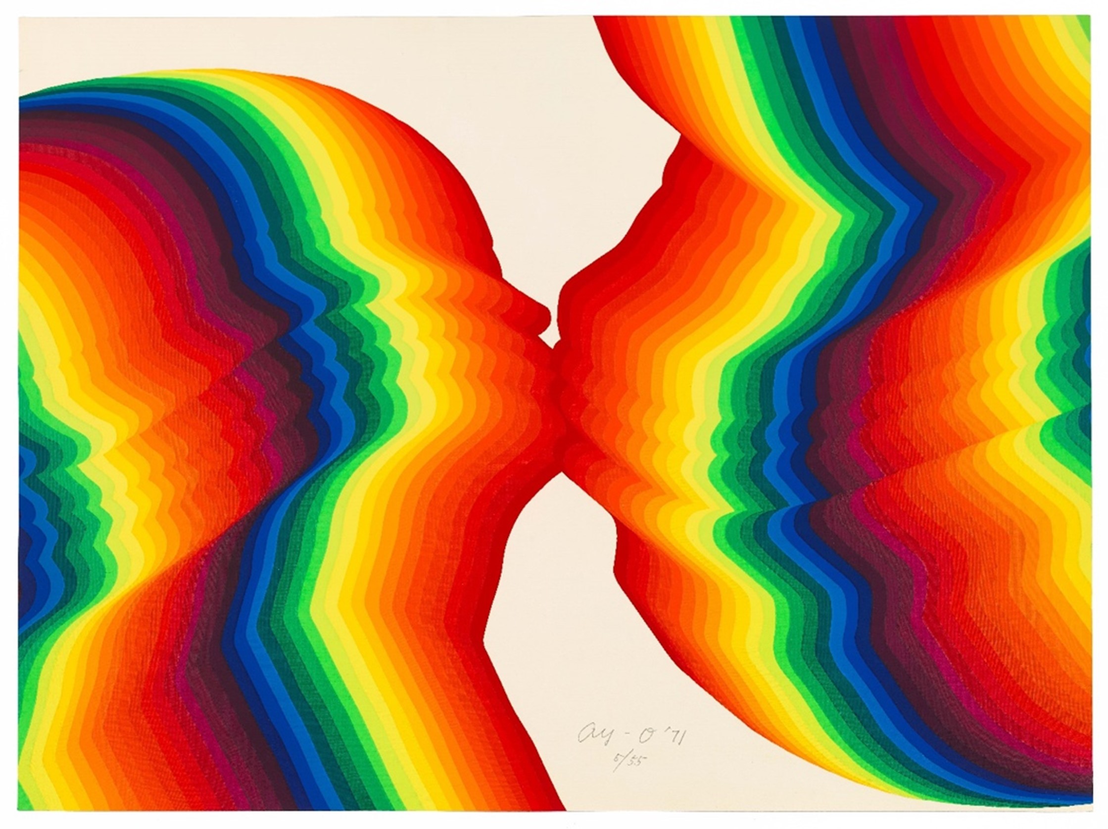 Highly stylized illustration of the outlines of two people depicted in rainbow colors