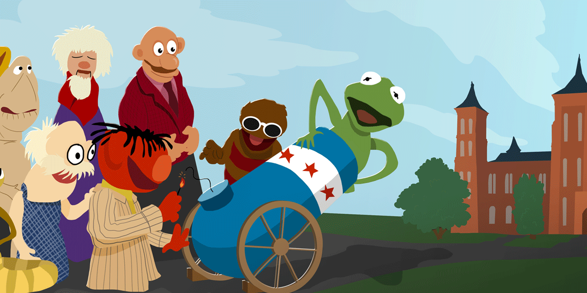 Graphic art showing various Muppets with Smithsonian building in the background