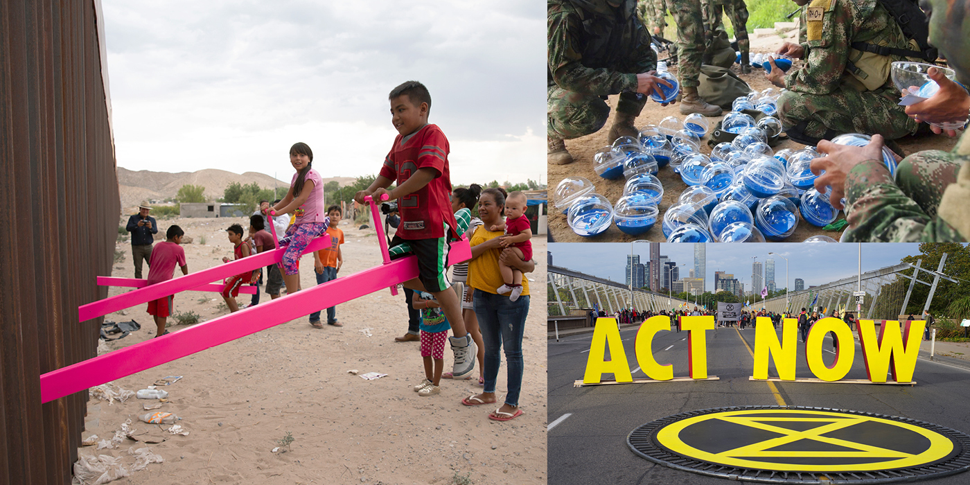 Side-by-side images showing children playing on a teeter toter and a poster with the words "Act Now"