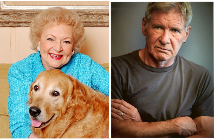 Betty White and Harrison Ford in side by side photos