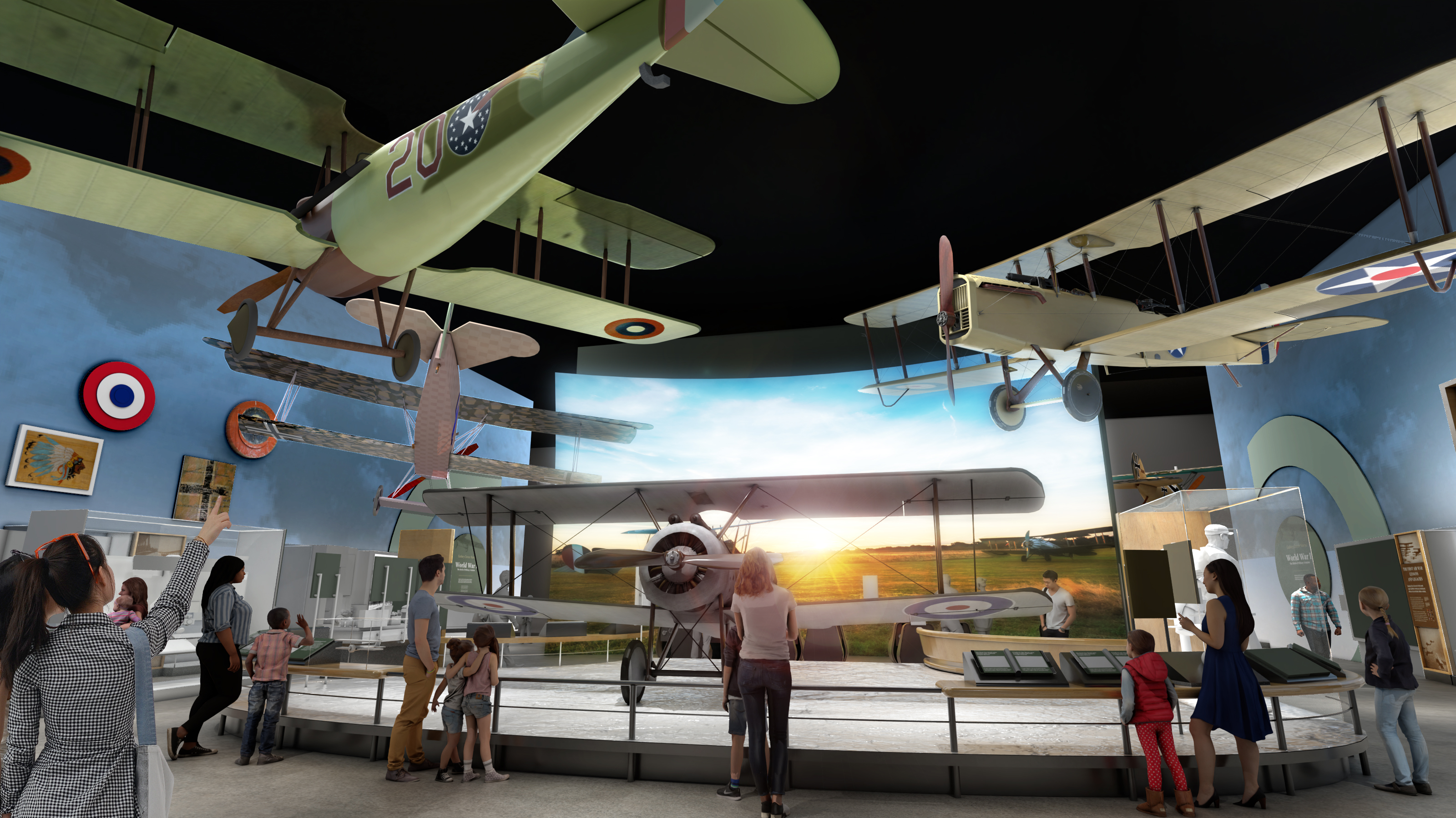Computer-generated mockup of multiple people, of various ages and appearance, in museum gallery looking at real planes.