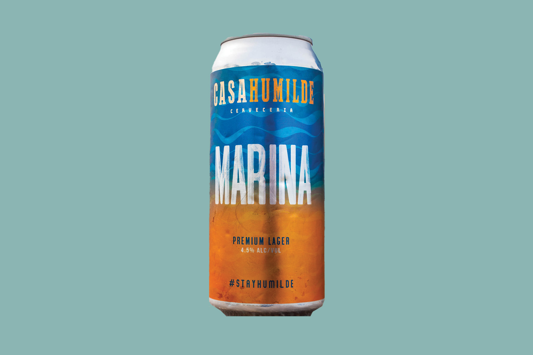 Blue and orange beer can with the word Marina across it in white.