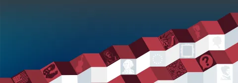 Graphic showing red and white steps with embedded silhouettes of museum objects. 